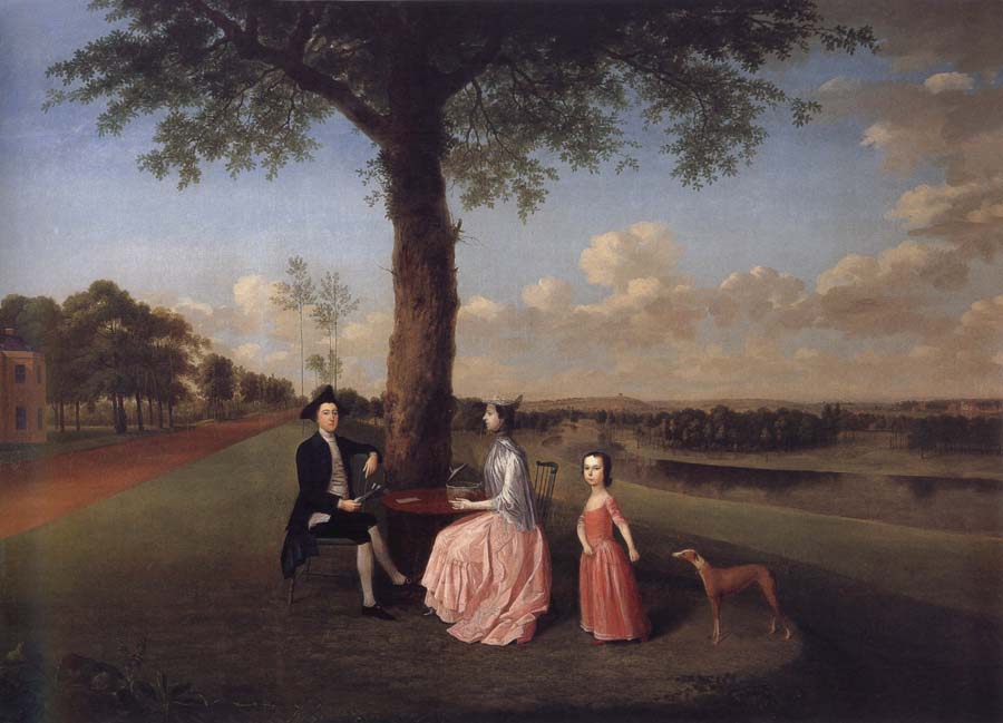 Henry Fiennes Clinton,9th Earl of Lincoln,with his wife,Catherine and his son,George,on the great terrace at Oatlands